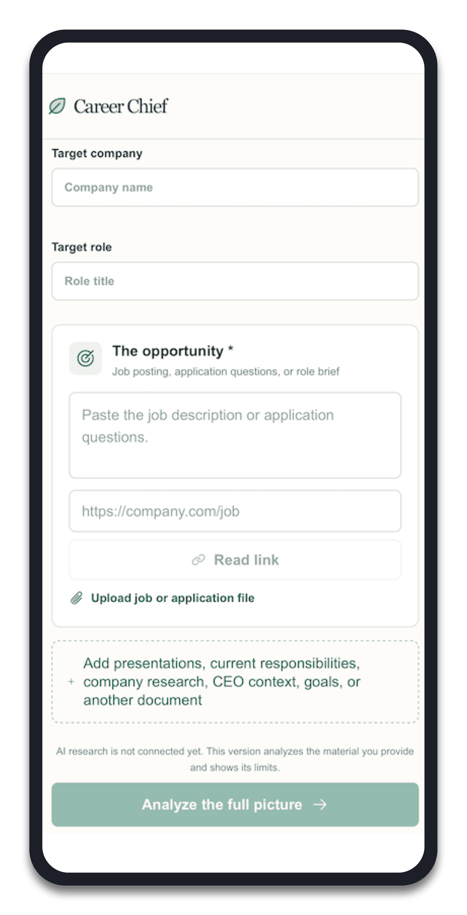 Name the company and role, then paste the job posting or drop in a link. Add decks or notes for extra context.