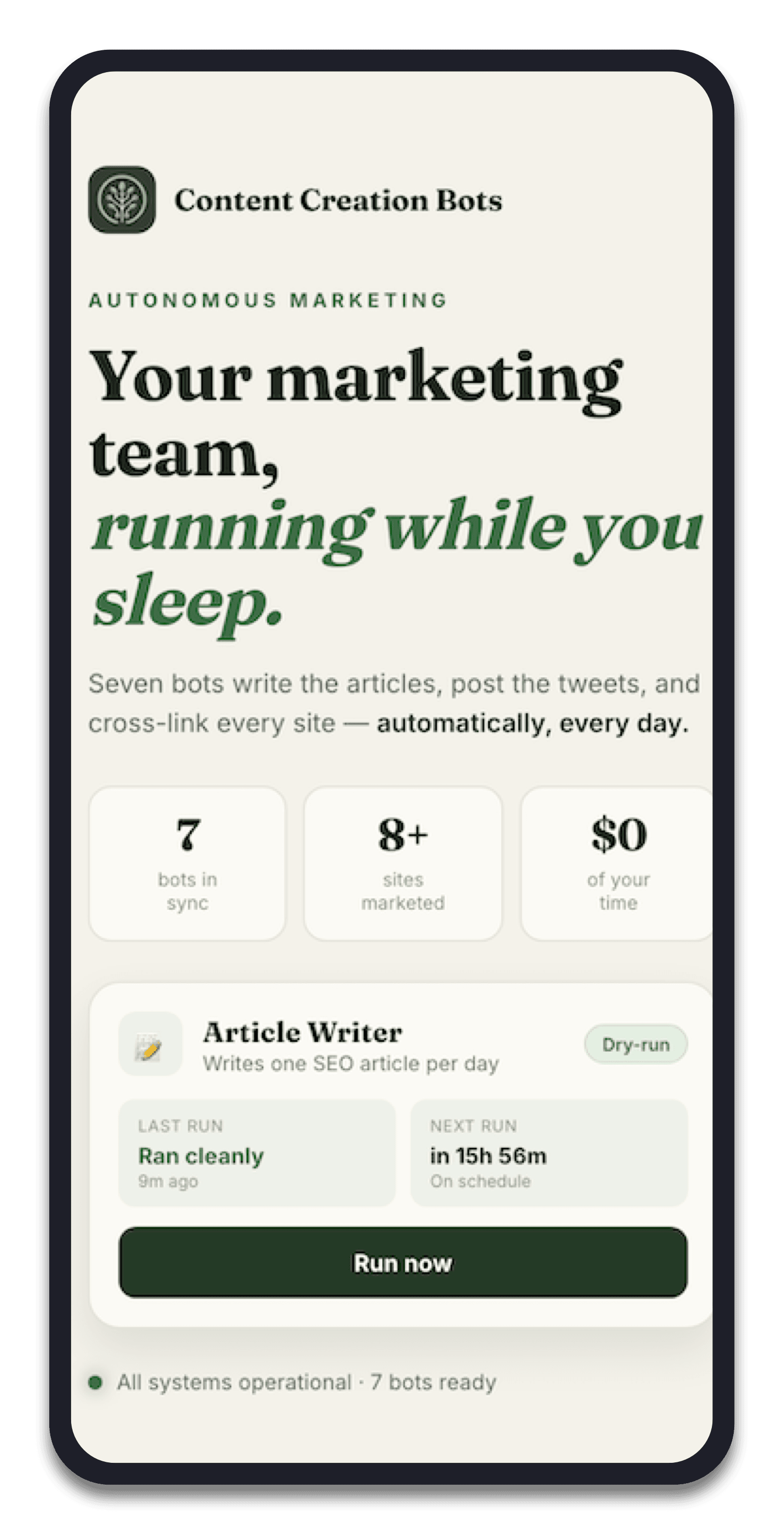 Content Creation Bots: One dashboard: system status, today's spend, and every bot's next run and last result.
