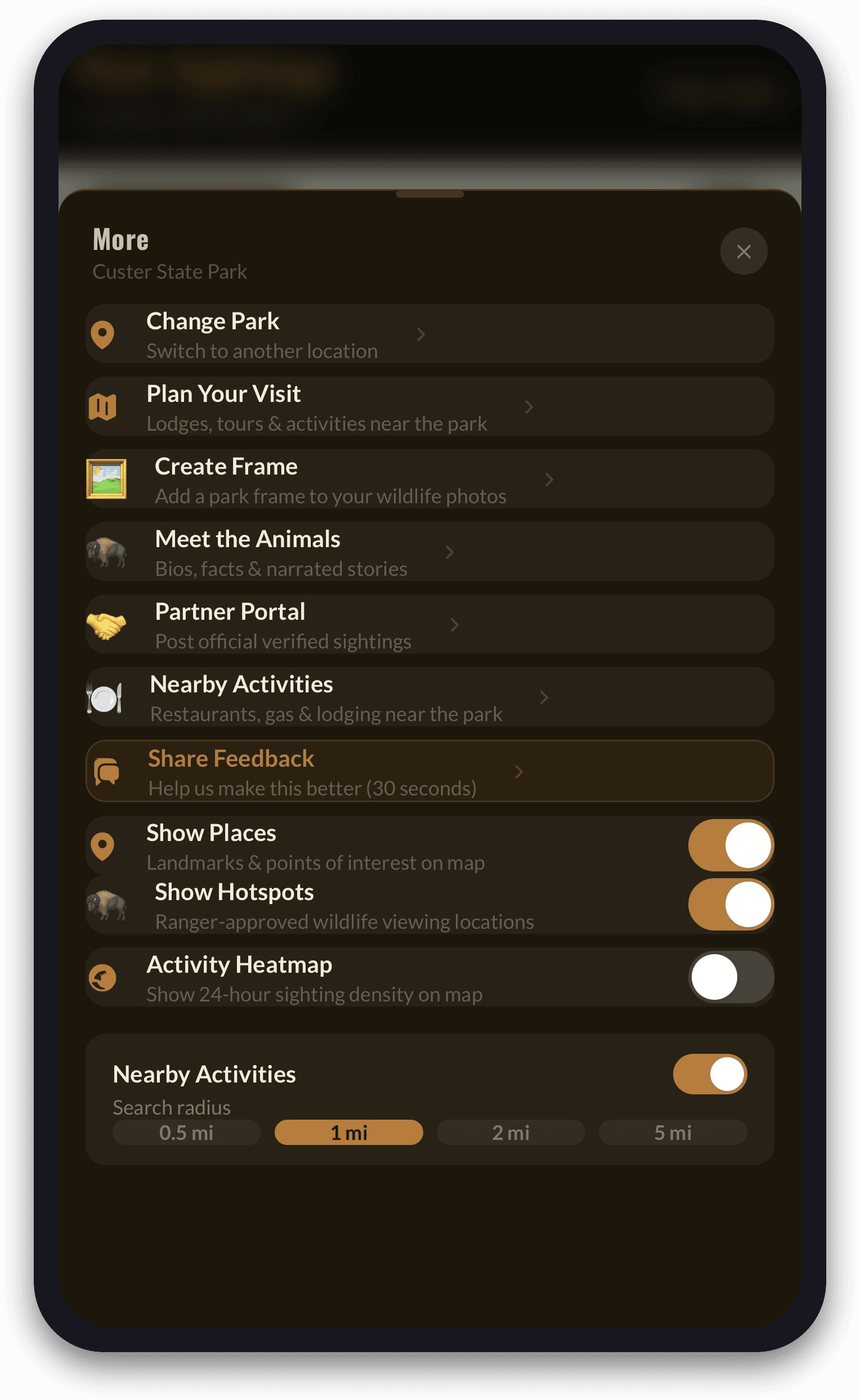 Quick access to lodges, tours, animal bios, and nearby food and gas.