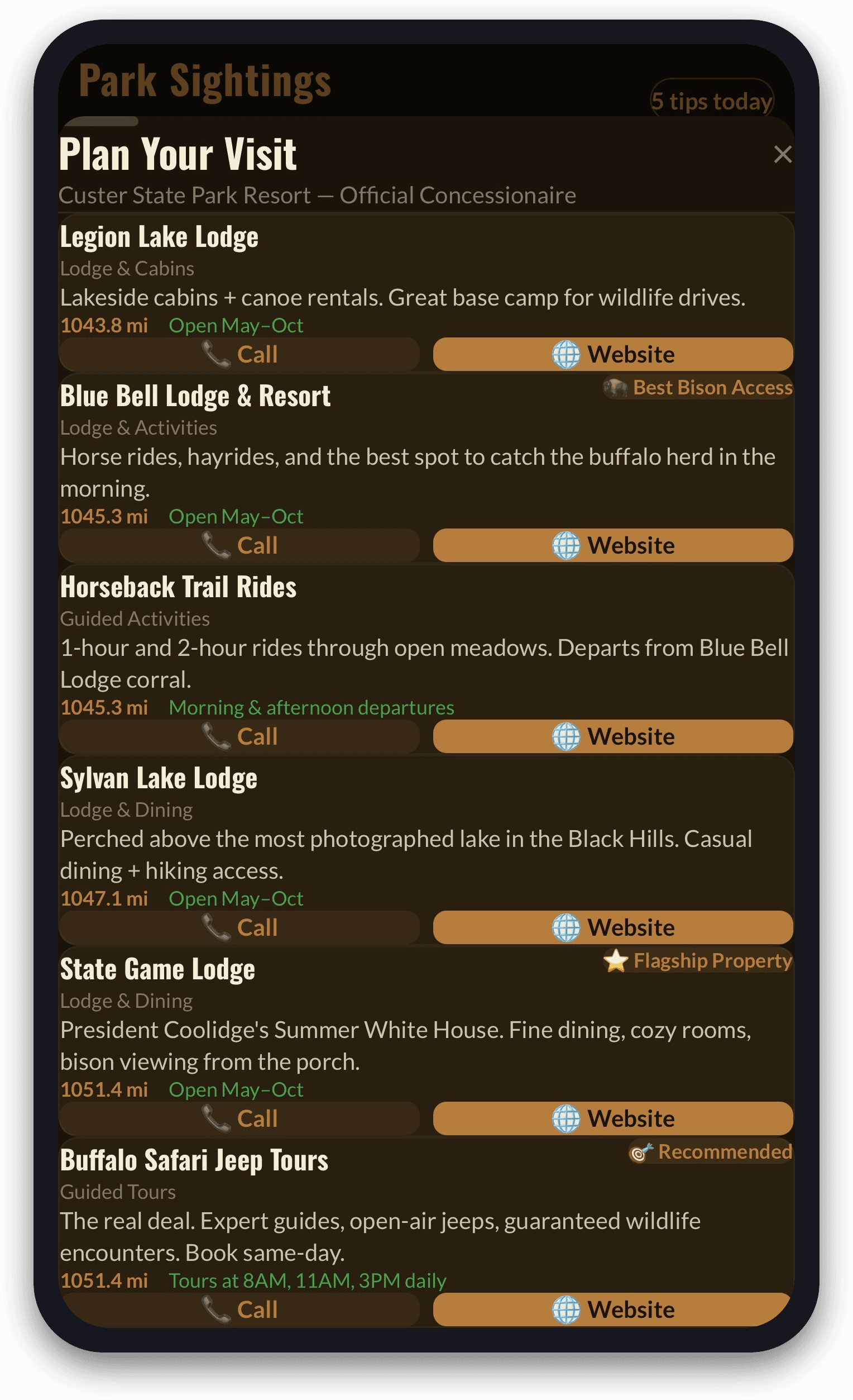 Lodges and guided tours right where you're standing — book without leaving the app.