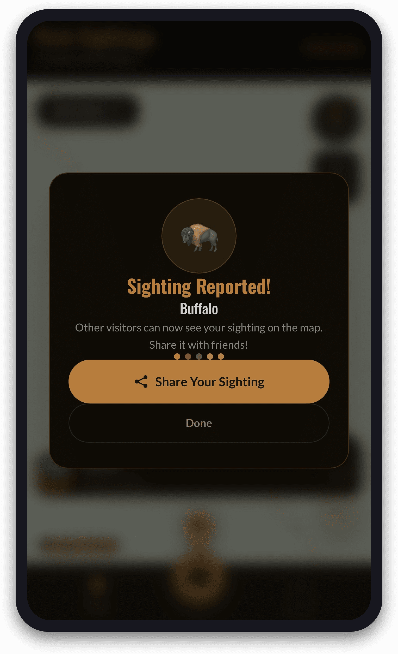 One tap reports a sighting — instantly visible to every visitor in the park.