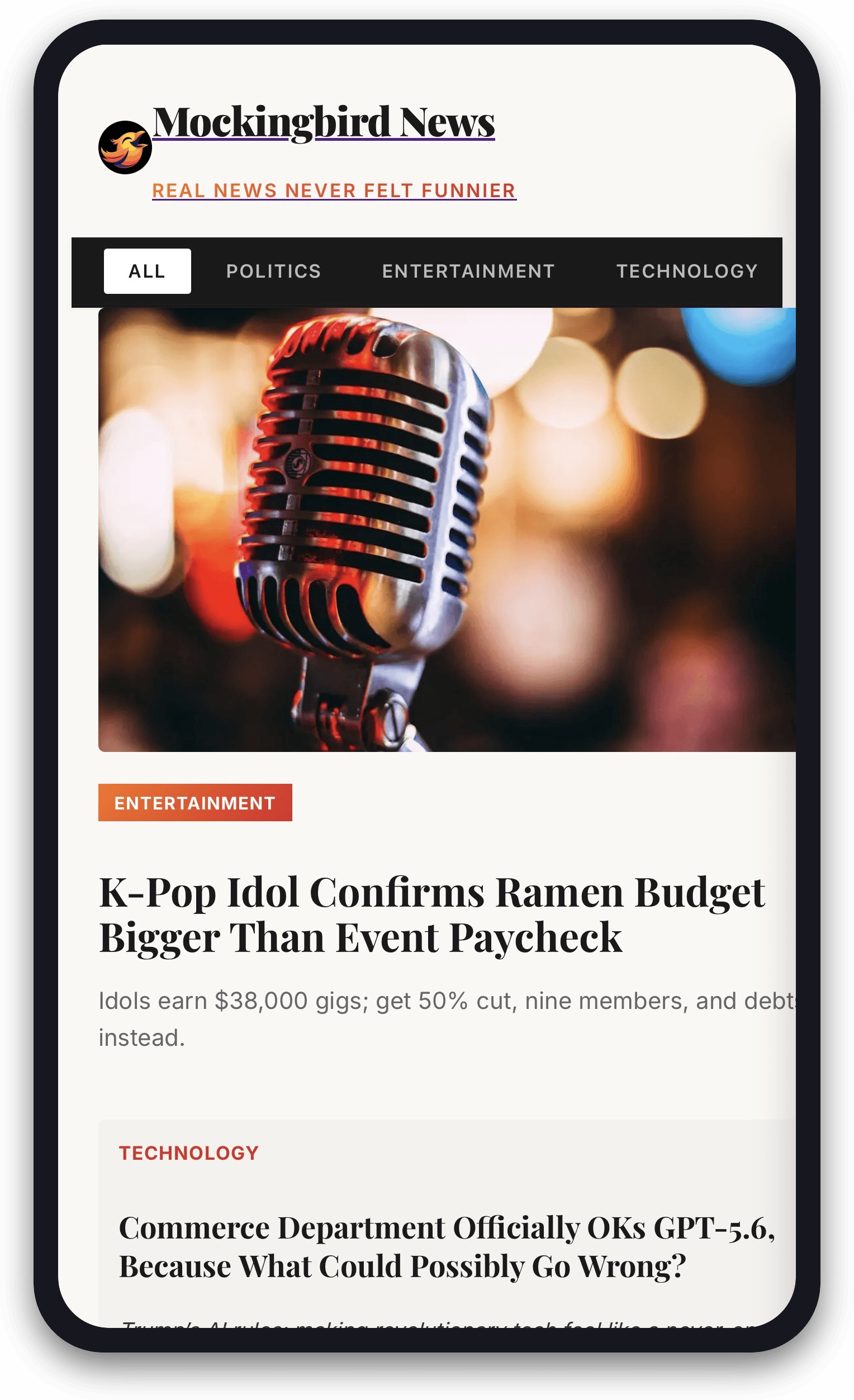 MockingBird News: Homepage — real headlines, rewritten with a laugh.