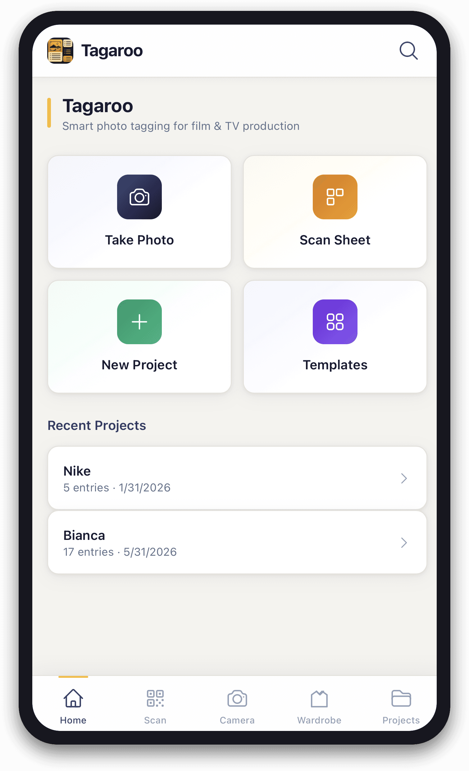 TAGAROO: One tap to shoot, scan, or jump back into a project — no digging through folders.