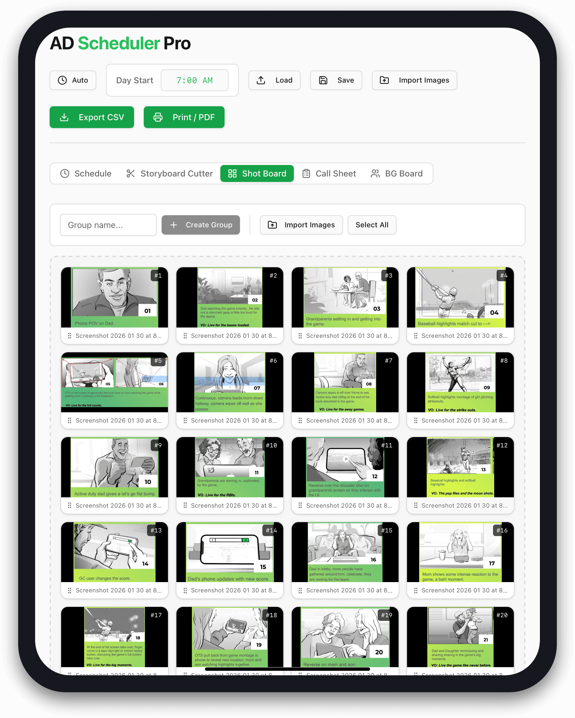 Import agency boards and organize every frame into a clear shooting sequence.