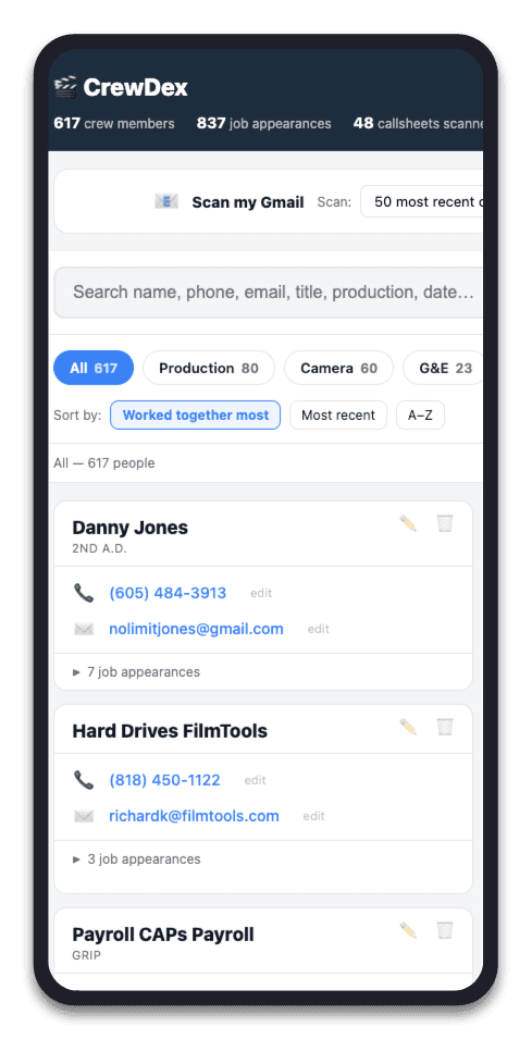 Your entire crew in one place — 617 people pulled from 48 scanned callsheets, sorted by who you've worked with most.