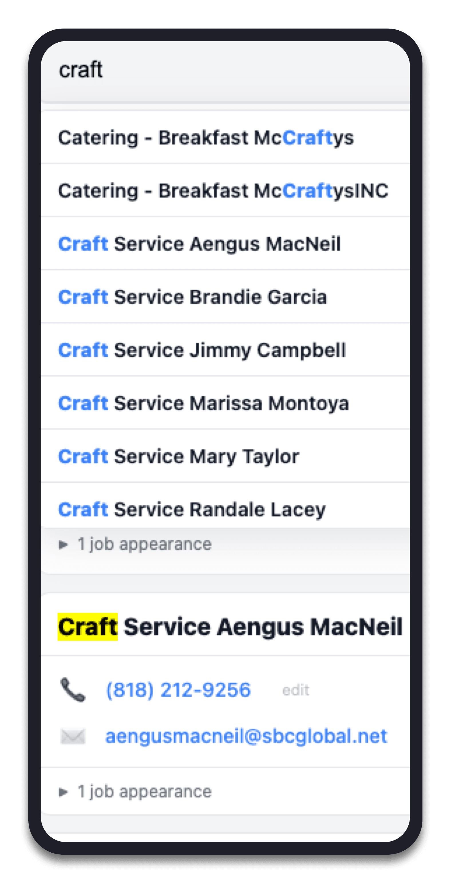 Start typing a name and CrewDex finds them instantly across every job you've ever worked.