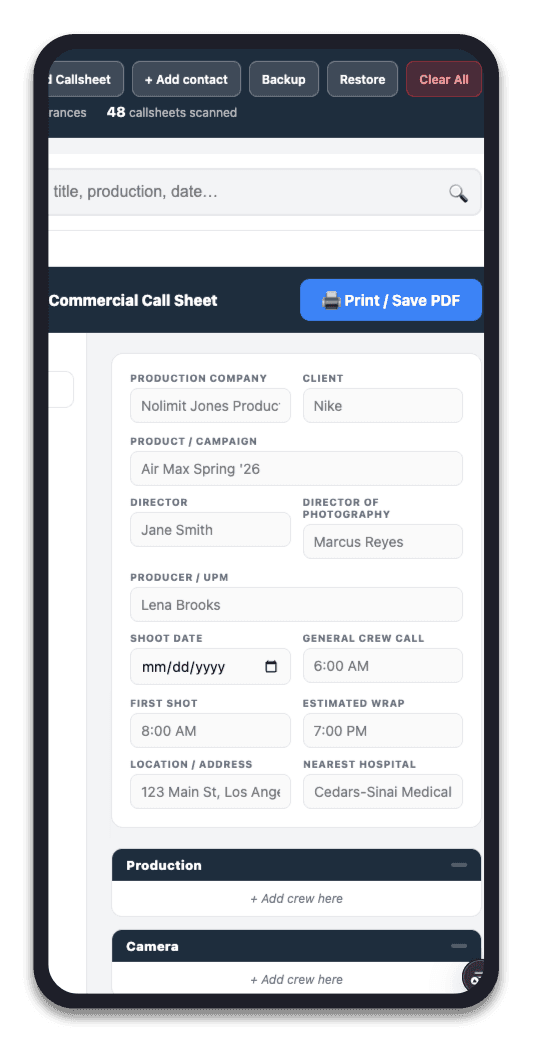 Drop in a callsheet and it becomes structured data — every contact, role, and production captured automatically.